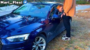 Redhead unscripted sucks cock in car POV