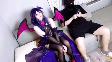 Raiden Succubus Cosplay Side Fucked Gushes in Black Silk Heels