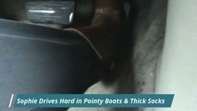 Sophie Drives in Pointy Boots & Thick Wool Socks