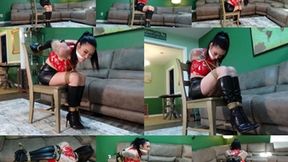 Booted beauty helplessly struggles balltied in her chair (MP4 SD 3500kbps)