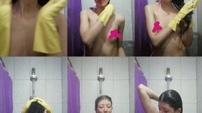 Clean Fetish Morning Shower with Rubber Gloves and Long Hair