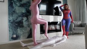 Pink Panther Ruslana And Spider Girl Weronika Rule Over White Shadow At Their Feet Near Fire Place - Full