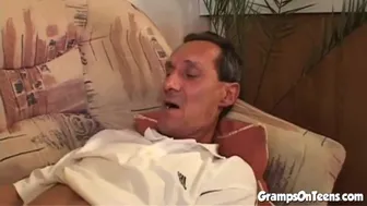 Two young blondes pleasure an older man in a wild threesome