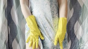 Yellow Panties Lingerie and Yellow Rubber Gloves Tease Non-Nude