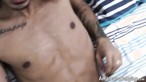 Inked dark skinned amateur sticks dildo on wall to play