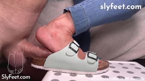 Green Birkenstocks footjob with a huge cumshot on them