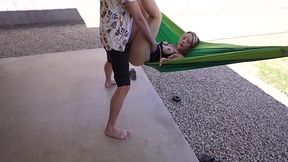 Busty slut fucked in a hammock till cumshot on trimmed cunt