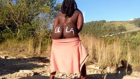 Juicy ebony in tribal paint gets a bwc creampie public close up POV Ella B