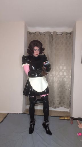 Latex Catsuit and Maid Dress Sissy Tries to Fuck Both of Her Holes with Dildos