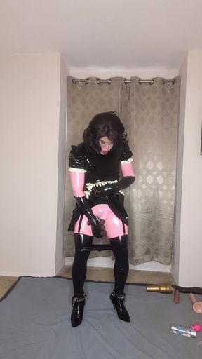 Latex Catsuit and Maid Dress Sissy Tries to Fuck Both of Her Holes with Dildos