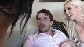 Brunette and blonde bombshells share cock in untamed MFM threesome