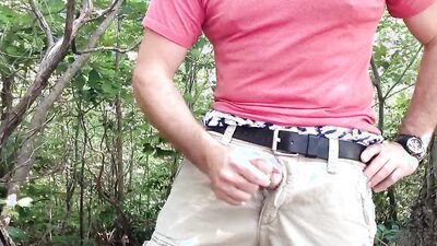 Jerking off in the woods, showing a little sagging in my favorite American Eagle AE boxers. Long edge session. Verbal