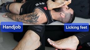 Licking my feet while giving a handjob
