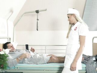 Teen nurses bang old granddad in a fake hospital couch and give sloppy oral