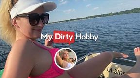 Barbie Brilliant's shaved pussy gets fingered & cummed on by her busty German friend