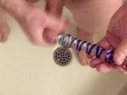 Foreskin docking/stroking using glass dildo then cum on dildo & suck clean.