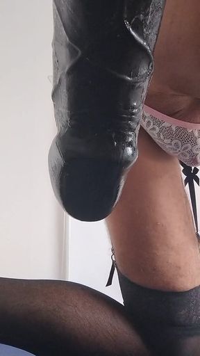 CD Trans Rides Dildo in Pretty Pink Lingerie