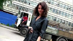 Shy teen babe flashing her shaved pussy in public