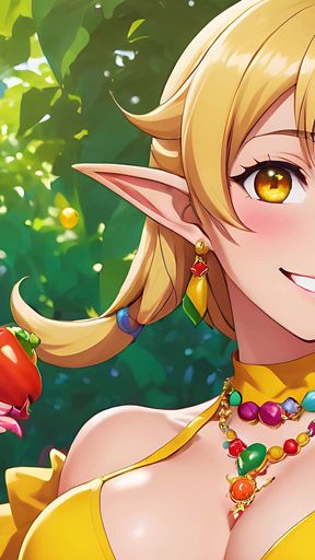 Enchanting Nude Elf Girl Enjoys Fresh Bell Pepper in a Lush Garden