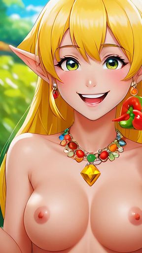 Enchanting Nude Elf Girl Enjoys Fresh Bell Pepper in a Lush Garden