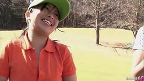 Cute Japanese Teen seduce to MMF Threesome Sex at Golf Lesson