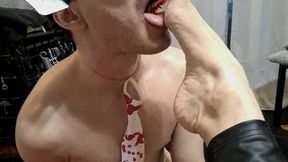 dominatrix GospodaricaEmma feeding Her choosen one slave Wolfy01 with Her feet and slave worshipes them and eats from them coffee with cream, candy, yogurt, pasta it was messy and horny