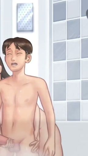 Anon sucks Debbie's asshole and squeeze her big boobs in shower - summertime saga gameplay part 4   Clip 1