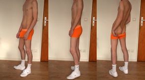 Twink tears through tight orange underwear while creaming all over his white socks