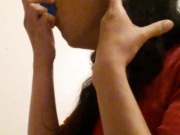 Tgirl slut uses blue dildo on her throat and ass