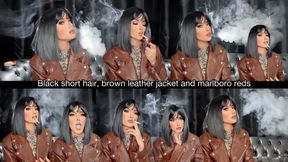 Black short hair, brown leather jacket and marlboro reds