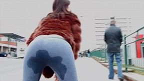 Public pissing MILF shows off large natural boobs in yoga pants