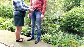 MILF gives golden shower after helping man pee outside