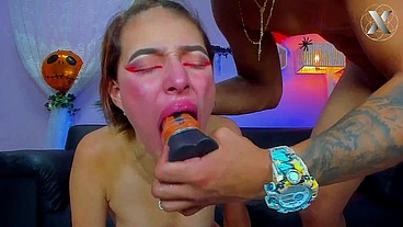 Jazmin is completely dominated by two rough guys fucking her holes hard with huge dildos