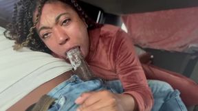 Tiny fresh sucks huge black cock in a truck