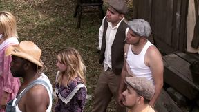 Sexy sluts are sucking and fucking two guys outdoors
