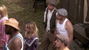 Sexy sluts are sucking and fucking two guys outdoors