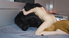 Horny Girl is Teddy Bear Tag Teamed Dildo Riding Fun!