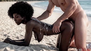 I pleased my stepdaughter trip to beach and my big white cock[AI]