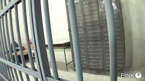 Hot agent in fishnet stockings gives cock between bars