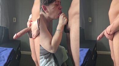 Latina milf deepthroats huge cock then swallows every drop at the window