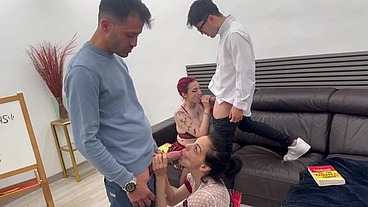 The principal punishes two female students and a male student for failing the English exam. The situation ends up getting heated and the principal and the male student end up fucking the female studen