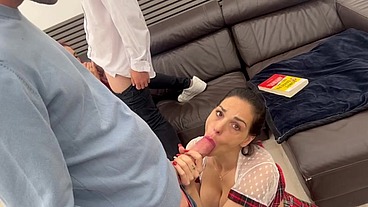 The principal punishes two female students and a male student for failing the English exam. The situation ends up getting heated and the principal and the male student end up fucking the female studen