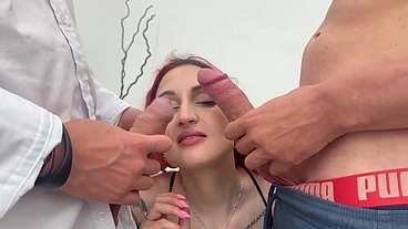 The principal punishes two female students and a male student for failing the English exam. The situation ends up getting heated and the principal and the male student end up fucking the female studen