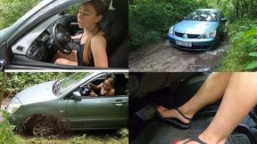 Anya drives through the muddy forest and gets stuck