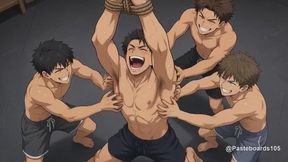 Arms Roped Overhead - Three Pairs Of Hands On A Bound Muscle Jock's Ribs And Sides (Anime Bara)