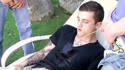 Chris Porter and Ryan Connors get soaking wet while Chris Porter sucks Jase Bionx & Ryan Porter's hard cock