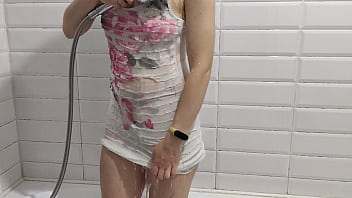 I found pretty girl in the shower and she makes her dress and white panties all wet 4K and I put my cock inside of her