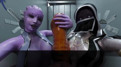 Two bitches service a mutant's cock at the same time, their tongues will be filled for a long time