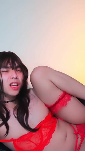 Asian Sissy in Lingerie Cumming in Chastity
