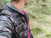 Intense quick jerk off outdoor while friends are inside house